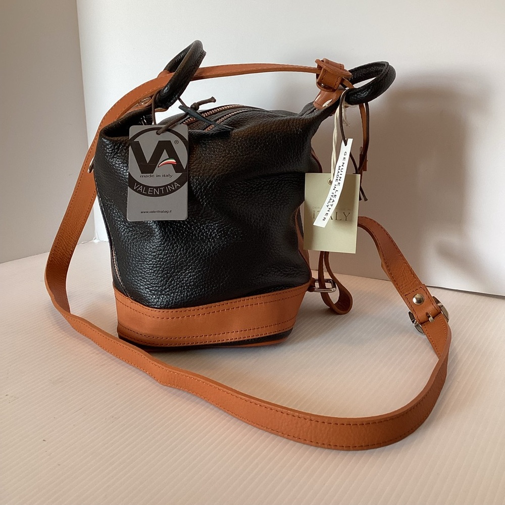 Valentina Convertible Backpack Italian Black Pebbled Leather Tan Accent NWT $258